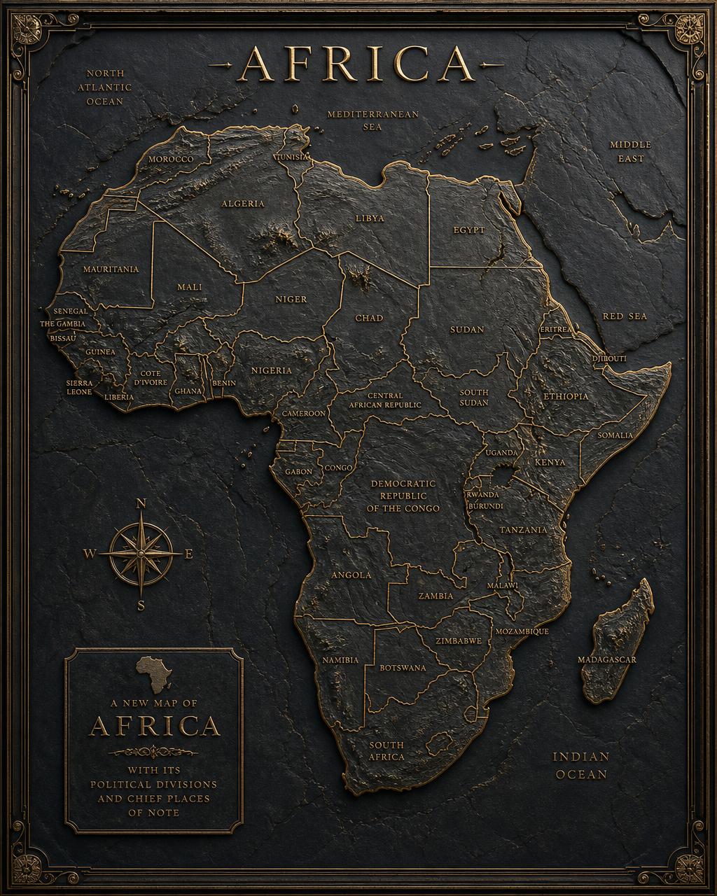 Engraved gold relief map of the African continent on dark stone