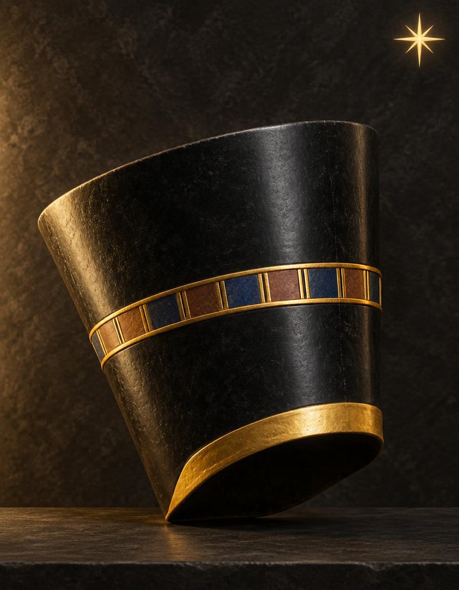 Queen Nefertiti's tall flat-topped crown carved in black basalt with gold leaf accents and an inlaid band of blue and red-brown stone